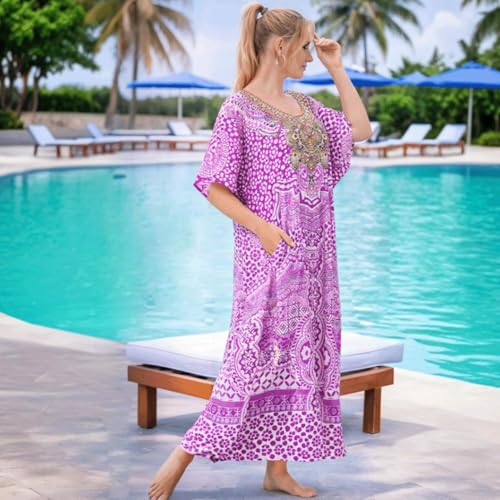 Image of Miss Lavish London Swimwear Cover ups Kaftan Dresses for Women Ethnic Print V Neck, Beach Coverups Plus Size, Side Slit & Pockets on Both Sides, Womens Beach Resort Wear-Purple-L