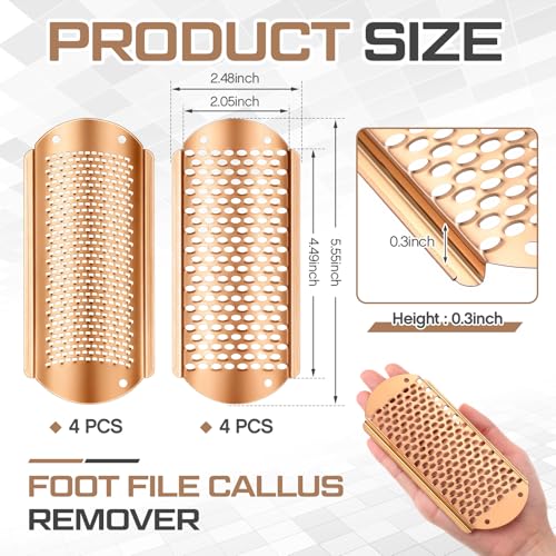 Image of Moxweyeni 8 Pack Rose Gold Foot File Callus Remover Replacement Blades Metal Pedicure Rasp Hard Skin Remove Scrubber Stainless Steel 2 Designs Big /fine Hole for Detachable Foot Grater