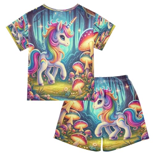 Unicorns Mushroom Teal Pajama Set Short Sleeve PJS 2 Piece Summer Pajamas Shorts Sets Cotton 5Y2