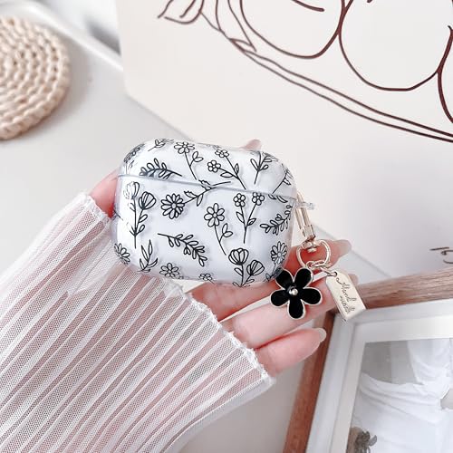 Image of MINSCOSE Compatible with AirPods Pro 3rd Generation Case (2025) with Cleaner Kit,Cute Flower Floral Aesthetic Design with Flowers Keychain for Girls Women for Airpods Pro 3-Black