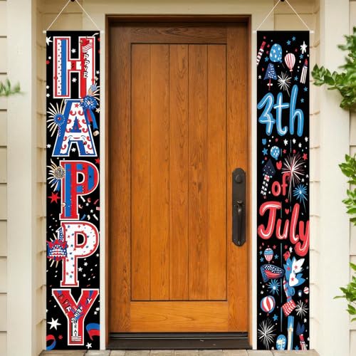 Image of BlissYard 4th of July Decorations 2Pcs Patriotic Decor Door Banner American Flag USA Banners Hanging Porch Signs for Memorial Veterans Labor Independence Day for Front Decor Yard Indoor Outdoor Supplies