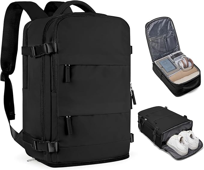 Mochila de viagem grande para mulheres e homens, mochila de mão, mochila de caminhada, Compartimento para Notebook, Sapatos e Entrada USB, para viagens, Cinza, 25L, Mochilas de viagem (Preto, Padrão)