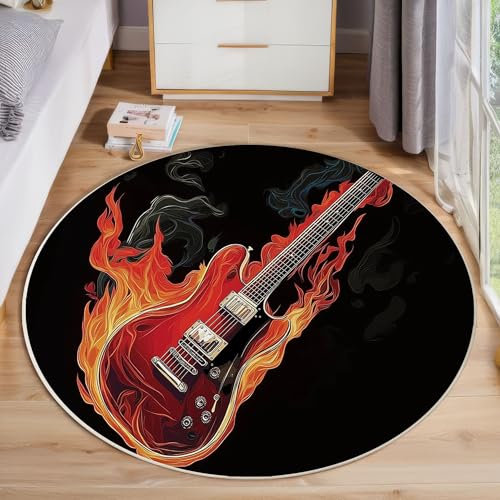 MLSOWM Alfombras Redondas 200cm Alfombra Estilo Rockero Lavable Antideslizante Alfombra de Área Guitarra Ardiente Terciopelo de Pelo Corto para Cocina, Halls, Balcón, Comedor, Negro