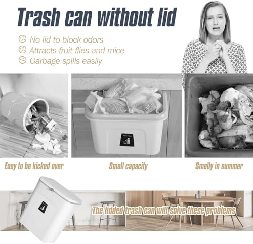 Image of 10 L Kitchen Compost Bin for Counter Top or Under Sink, Hanging Small Trash Can with Lid for Cupboard /Bathroom /Bedroom /Office /Camping, Mountable Indoor Compost Bucket (White)