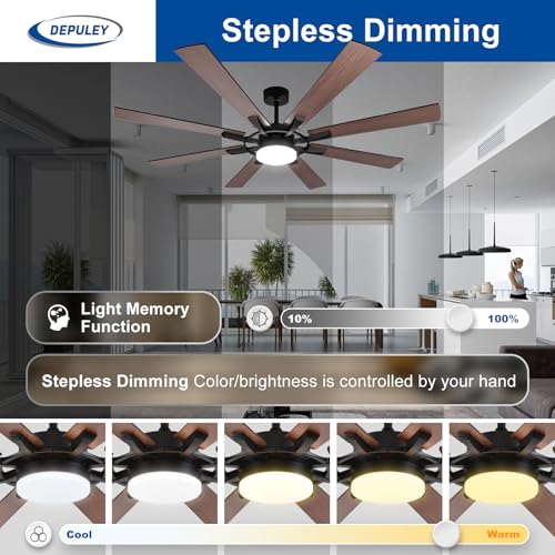 Image of Depuley 72-Inch Ceiling Fan with Light: Modern 8-Blade Walnut and Black Indoor Outdoor Fans with Remote App Control Dimmable Light - Ultra Quiet DC Motor Reversible 6 Speed Timer