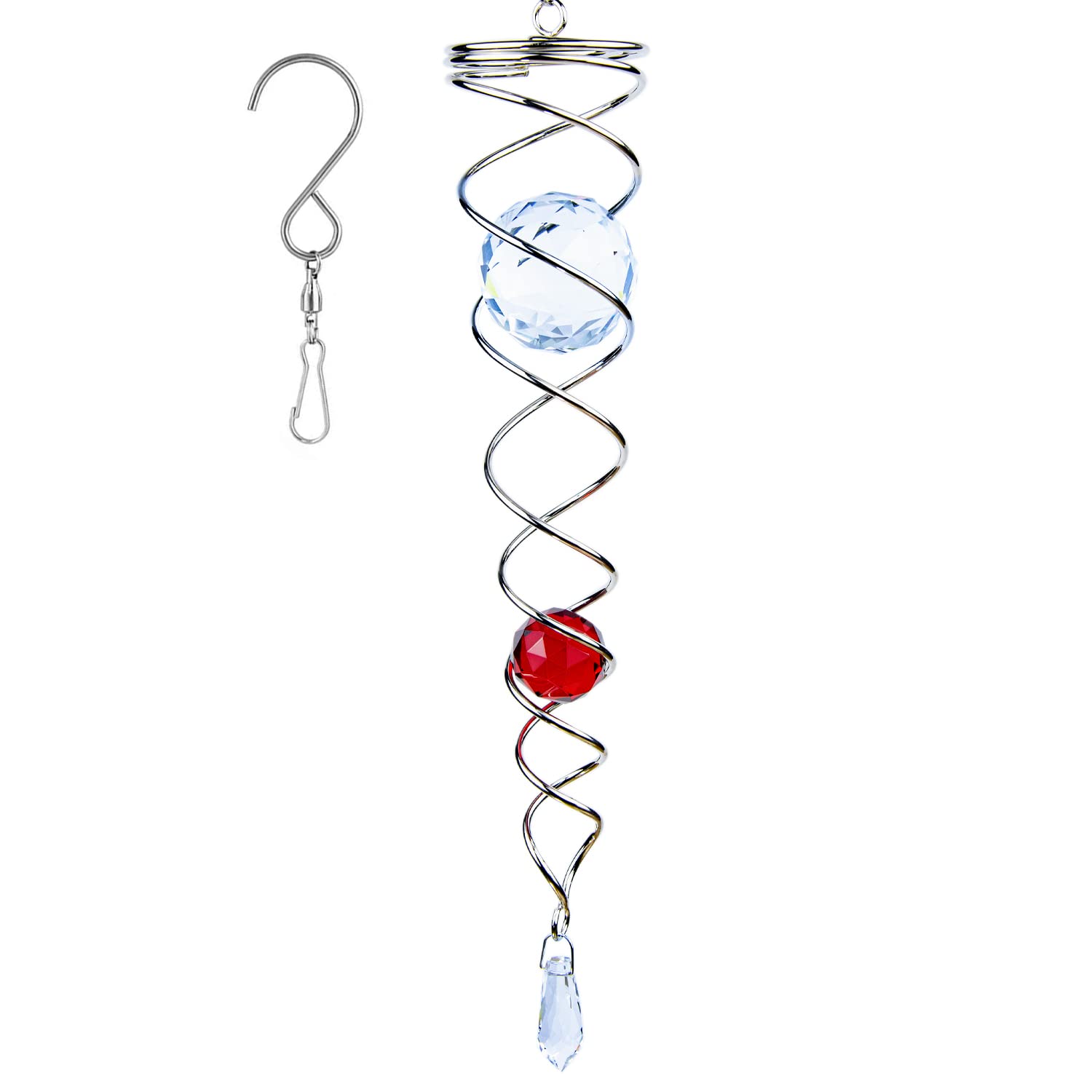 Prefdo 12 inch Gazing Ball Spiral Tail, Stainless Steel Wind Spinner Stabilizer with 2 Glass Balls Prism and Hanging Swivel Hook for Outdoor Yard Garden Decoration(Red)