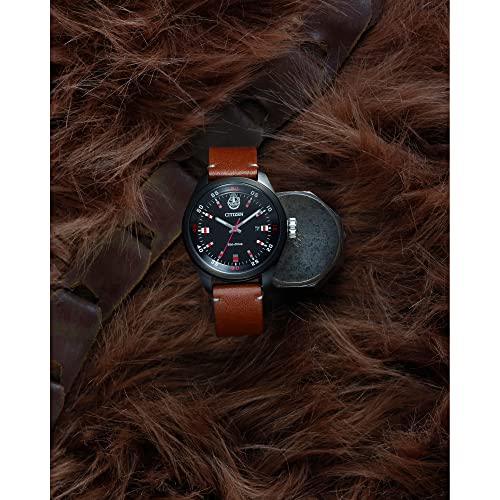 Image of Citizen Eco-Drive Men's Star Wars Chewbacca Black IP Stainless Steel on Brown Leather Strap, 3-Hand Date, Luminous, 43mm (Model: AW5008-06W)