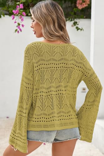 Image of Cakulo Womens Summer Crochet Tops Boho Off Shoulder Sweaters Lightweight V Neck Loose Vacation Resort Wear 2026 Green M