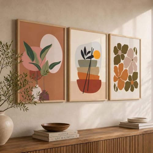 Image of kotart Home Decor Boho Painting Decorative Wall Art | Aesthetic Poster With Frame For Living Room Bed Room Hotel Wall Decor Digital Reprint Set of 3 (35x37 Inch)