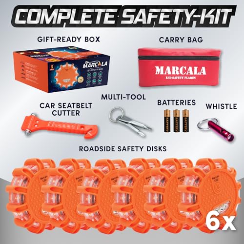 Marcala 6‑Pack LED Road Flares | DOT Compliant Emergency Lights for Vehicles with Batteries, Whistle & Case | Flares Emergency Road | Emergency Flares | Perfect For Gifting or Everyday Roadside Safety
