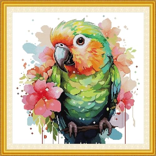 Image of Stamped Cross Stitch Kits Full Range of DIY Needlepoint for Adult Beginners Parrot Pattern, for Gift and Home Decor 14CT 2 Strands 16.9x16.9 inch