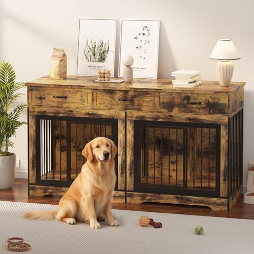 XL Dog Crate Furniture for 2 Dogs Heavy Duty Double Dog Crates with 3 Drawers for Medium/Large Dogs