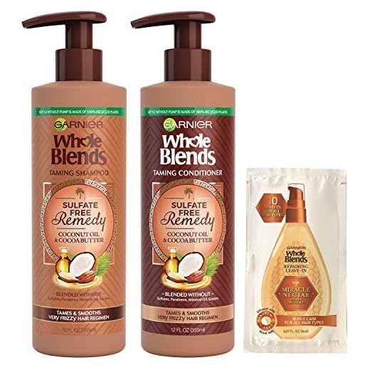Garnier Haircare Whole Blends Sulfate Free Remedy Coconut Oil and Cocoa Butter Taming Shampoo and Conditioner,Tames and Smooths Very Frizzy Hair,12 fl oz ea, with Mask Sample(Package May Vary)1 Kit