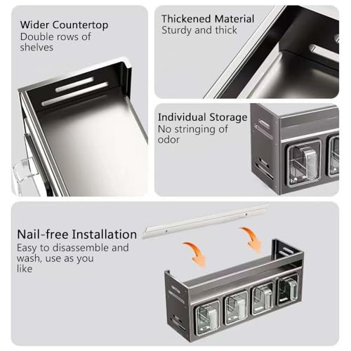 Wall Mount Seasoning Box, Kitchen Spice Rack with Moveable 4 Jars, Space Saving Spice Organizer, Seasoning Containers for Sugar Salt Pepper (Gunmetal Gray) by ZITUFAW - Image 3