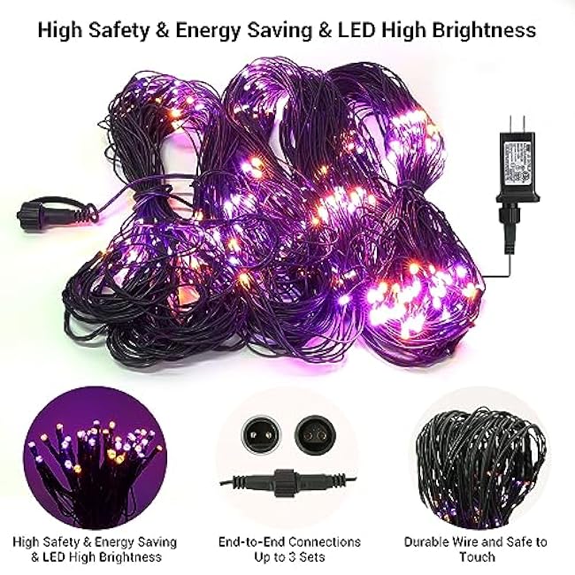 Joomer 12ft x 5ft 360LED Orange Purple Halloween Net Lights Outdoor Mesh lights, 8 Modes Timer Connectable Waterproof Bush Lights Mesh Netting Lights for Halloween Outdoor Decorations (Green Wire)