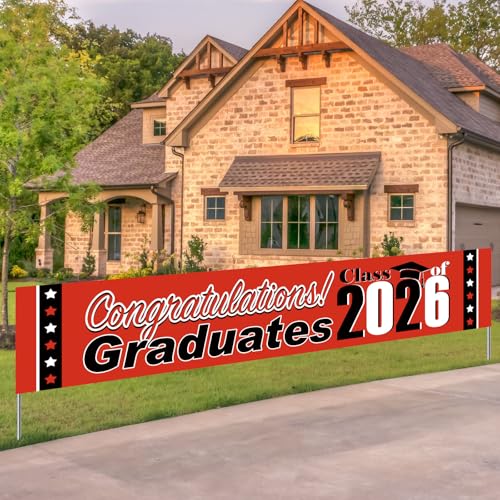 OTTPOOM 2026 Graduation Decorations Red and Black Graduation Banner Large Congratulations Graduate Class of 2026 Banner Yard Signs for Indoor Outdoor Grad Party Decorations Supplies