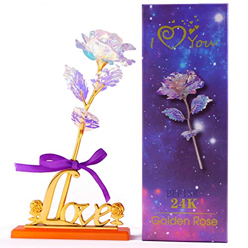 BEFINR Colorful Artificial Flower Galaxy Plastic Rose with Love-Shaped Stand Unique Presents Valentine's