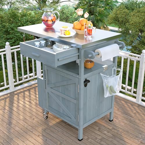 Image of Merax 40.5 inch Outdoor Grill Cart with Stainless Steel Top, Outdoor Storage Cabinet with Drop Leaf, One Drawer, Towel Rack, Rolling Kitchen Cart with Lockable Wheels for Lawn Garden, Blue Grey