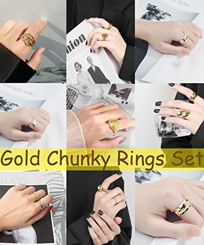 Bomaiol 12Pcs Gold Dome Chunky Rings For Women, 18K Gold Plated Croissant, Braided Twisted, Stacking Round Signet, Adjustable Open Styles #TOP5