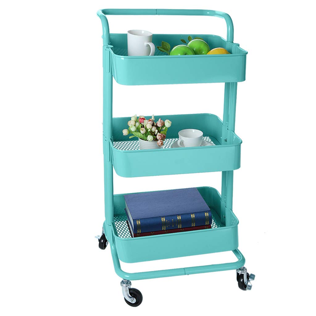 Buolo-Ship from USA 3-Tier Metal Utility Service Cart Rolling Storage Shelves with Handles Blue Storage Utility Cart Service Rack Shelf with Lockable Wheels for Office and Home (Blue)
