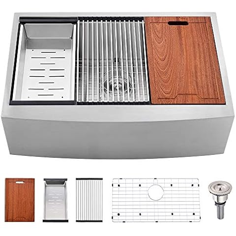 Bokaiya 33-inch Apron-Front Ledge Workstation Farmhouse Kitchen Sink 16 Gauge Deep Single Bowl Sink, Stainless Steel Cover