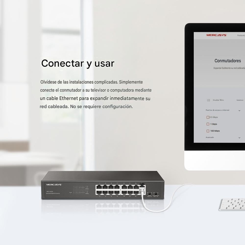 Mercusys Switch Ethernet Gigabit 16 Ports RJ45, Boîtier Métal, MS116GS | Ports 10/100/1000 Mbps, Plug & Play, Compatible avec PC TV Imprimante Caméra Routeur, Idéal pour les PME/Bureaux/Télétravail