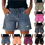 Denim Shorts for Women Ripped Drawstring Elastic Waist Jeans with Pocket Summer Rolled Hem Shorts Ladies Streetwear Y2k Boyfriend Hotpants Jean Everyday Wear Beach Vacation Pants Blue