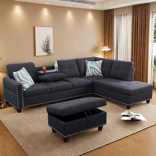 Image of FONTOI L Shaped Sectional Couch with Otttoman, 97 inch Sectional Sofa for Living Room Flannel Modular Couches with Cup Holders for Bedroom, Apartments, Black Grey