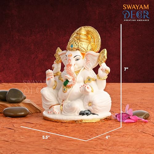 Image of Creating Ambiance Polyresin Marble Ganesh Idol, Vinayaka Statue | Auspicious Ganpati Murti for Living Room & Home Decor - Ganesh Idol for Diwali - Gold & White (7 Inches)
