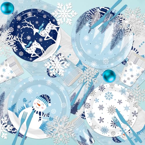 Christmas Paper Plates and Napkins,144pcs Winter Wonderland Plate and Napkins Dinnerware Snowman Snowflake Xmas Tree Christmas Plates Set for Winter Theme christmas Holiday – Image 3