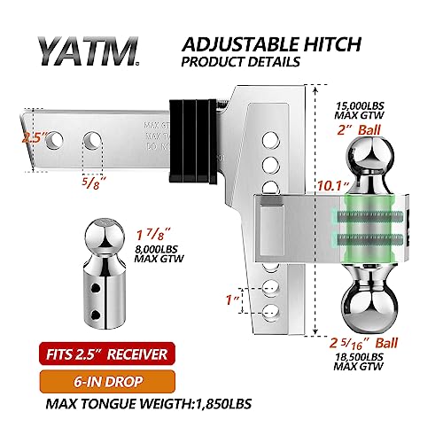 Yatm Adjustable Trailer Hitch Replaces Tri Balls (1-7/8", 2", 2-5/16") Mount,Fits 2.5-Inch Receiver,Drop/Rise,Gtw 15,000 Lbs Silver- Ultra Quiet X-5125 (6-Inch Drop) #TOP3