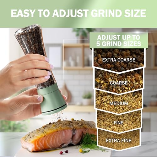 Image of Home EC Premium Green Sea Salt and Pepper Grinder Set of 2 - Adjustable Ceramic - Tall Glass Salt and Pepper Shakers - Kitchen Pepper Mill & Salt Mill W /Funnel & EBook