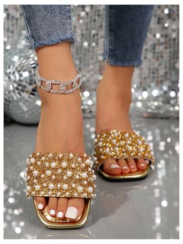 GORGLITTER Women's Gold Pearl Sandals Square Open Toe Sequin Rhinestone Slip On Dressy Wedding Flat Slides2