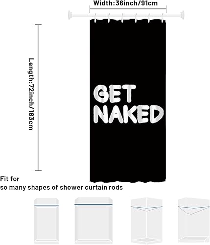 Miniatura 2 de Hongma Cortina de ducha negra con texto en inglés "Get Naked", de poliéster de tamaño medio, con ganchos, impermeable, simple, divertida, letras