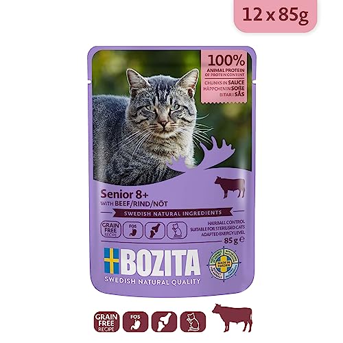 Bozita Nassfutter Senior 8+ Rind Häppchen in Sauce im Portionsbeutel 12x85g Getreidefreie Katzenfutter Nassfutter (Packung mit 2)