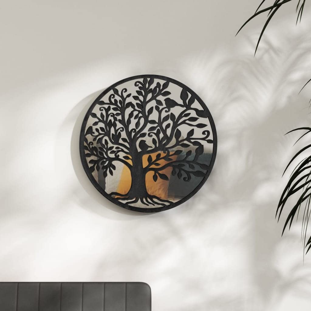Miroir noir rond en fer avec motif d'arbre décoratif découpé pour un relief mural unique