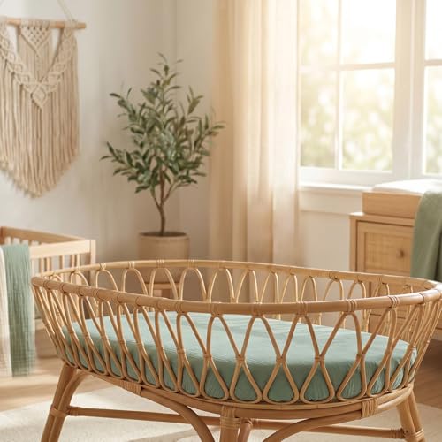 Image of 100% Muslin Baby Bassinet Sheets for Baby Boy Girls,4-Pack Fitted Bassinet Sheets Set Compatible with Halo Bassinest Swivel Sleeper,Baby Delight,Angelbliss,32 inchX16 inch (Beige Solid Color Series)