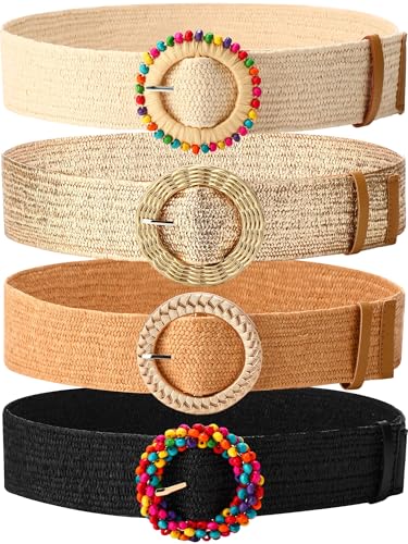 Image of WILLBOND 4 Pcs Women's Elastic Raffia Woven Belt, Boho Rattan Buckle Stretch Straw Wide Waist Belt for Dresses Jeans Pants