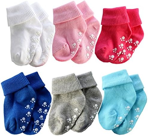 Xiyadun 6 Pairs Kids Girls Boys Ankle Cotton Crew Socks Anti Slip Floor Socks (12-24 Months, A)