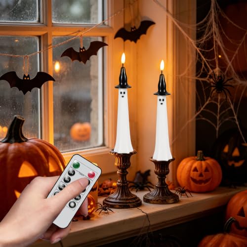 Image of Halloween Witch Flameless Taper Candles Battery Operated with Remote Timer, 400 Hours Long Lasting Real Wax 3D Wick Flickering LED Candlesticks Halloween Decor(2 Pack, 0.75 inch D x 10 inch H)