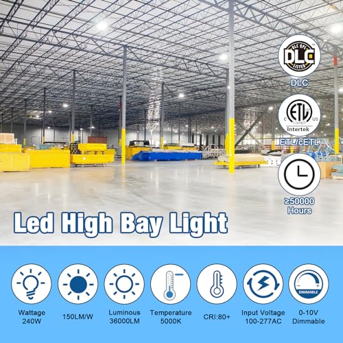 G GJIA Led High Bay Light 240W 36000LM 5000K UFO ETL Listed Commercial Lights, 1-10v Dimmer High Bay LED Light Warehouse Workshop 6' Cable 100-277V — view 2