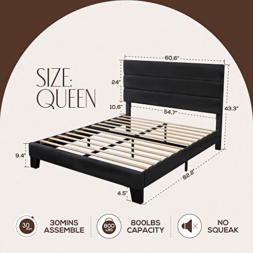 Weeway Queen Bed Frame Platform Bed With Velvet Upholstered Headboard And Wooden Slats Support, Heavy Duty Mattress Foundation, No Box Spring Needed, Easy Assembly, Black #TOP1