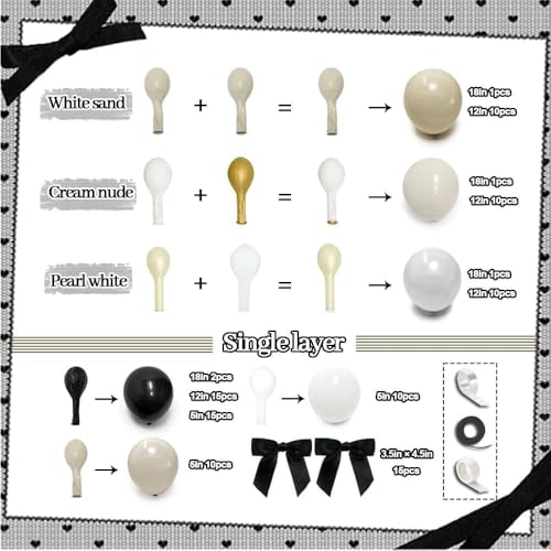 Image of Black White Balloon Arch, Double Stuffed Pearl White Black Bow Balloon Garland Cream Ivory Sand Latex Balloons for Birthday Wedding Bridal Shower Engagement New Year Party Decorations