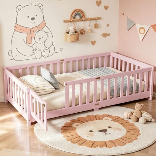 Twin Size Montessori Floor Bed with Door, Slats and Fence, Pink Floor Bed