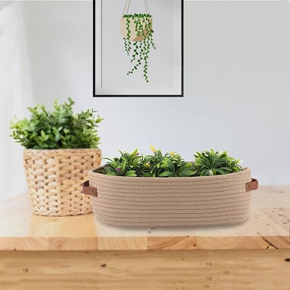 Image of [Pack of 1-13x6x4 inch, Oval, Brown] Handwoven Soft Jute Cotton Basket with Leather Handle | Shelf Baskets, Naturally Reshapes After Filling | Ideal for Storage, Organization & Gift Hampers