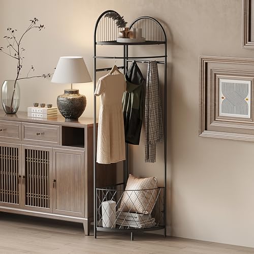 HKaikzo Corner Hall Tree Coat Rack with 6 Metal Movable Hooks and Storage Basket Coat Rack Design Clothing Rack for Bedroom Entryway Hallway
