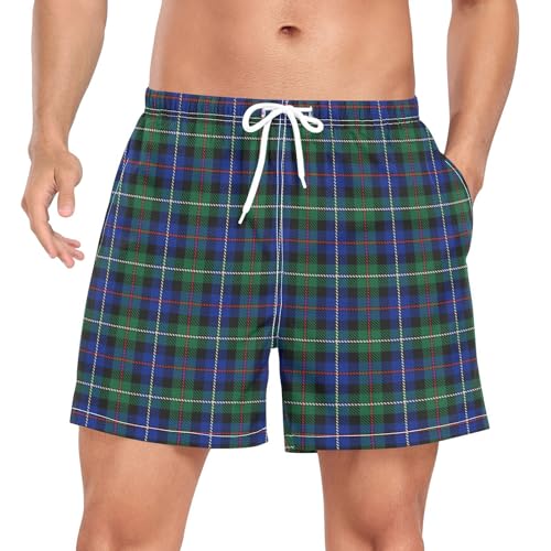 Calção de banho masculino azul verde tartan masculino forrado para treino e corrida com bolsos costu