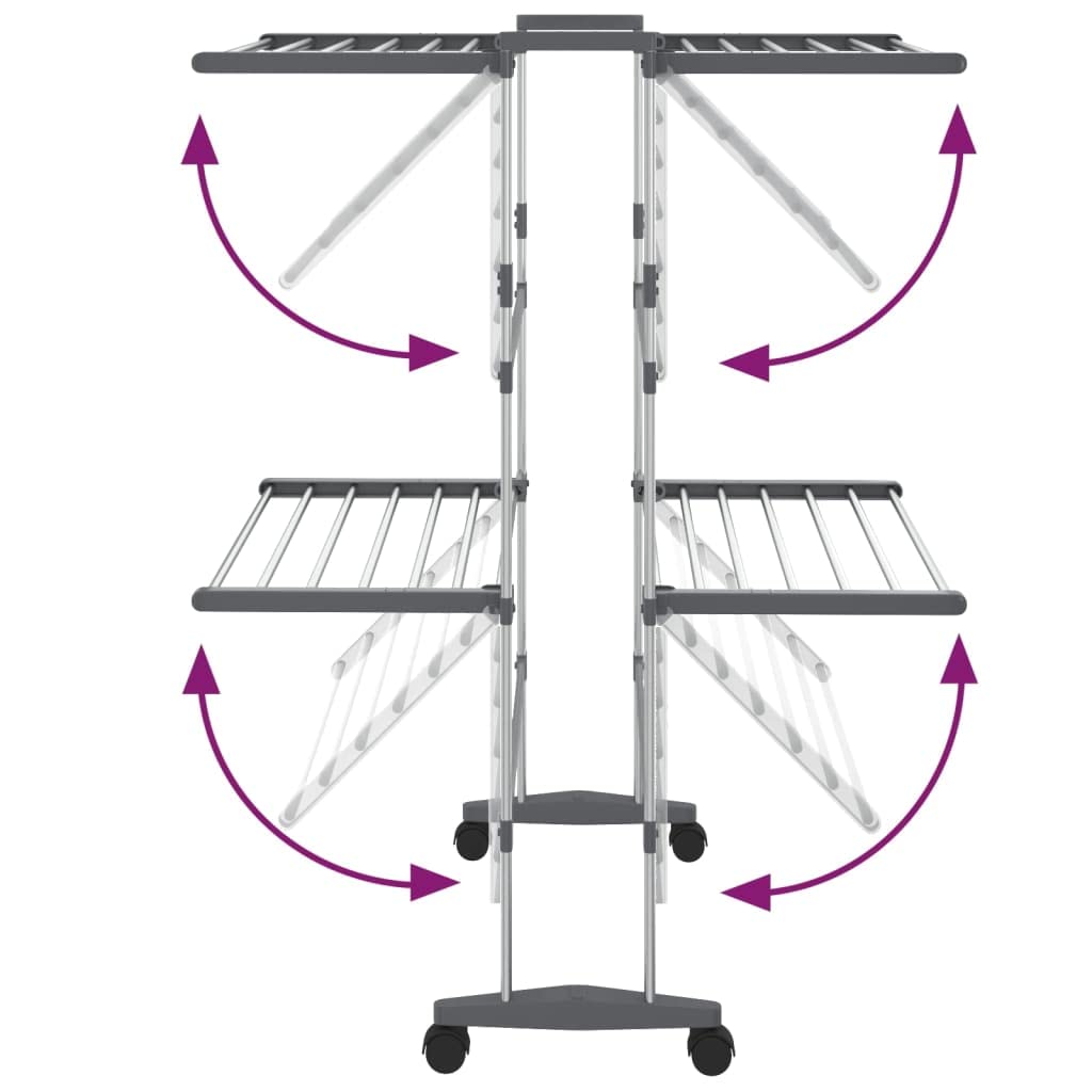 Wäscheständer 2 Etagen mit Rollen silber Aluminium 60x70x106 cm klappbar faltbar platzsparend mit Flügel für Balkon Bad Garten Camping zum Trocknen von Wäsche und Kleidung