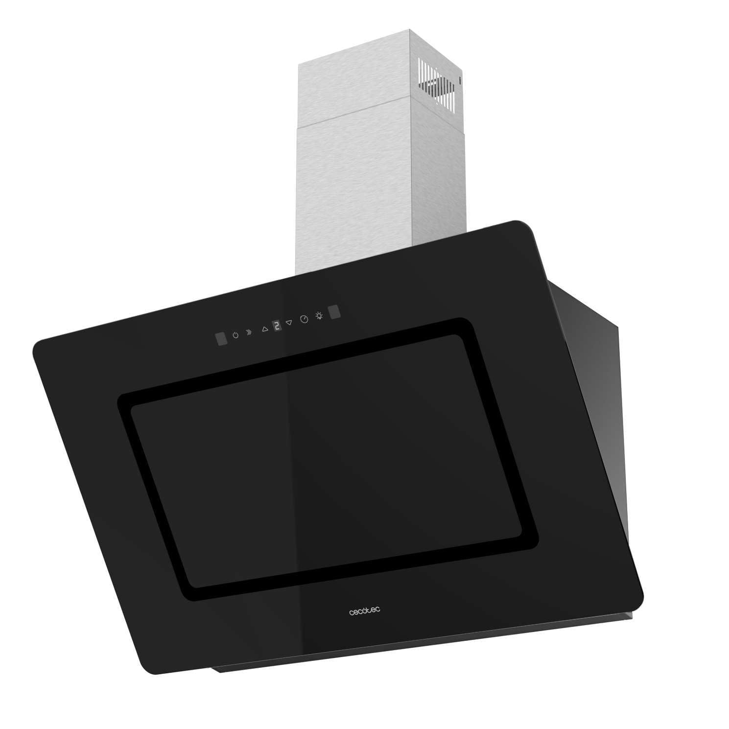 Cecotec Campana Extractora Decorativa 90cm Bolero Flux DT 908002 Glass Black A++. Motor 210W, Vidrio Negro, Inox, Succión 800m3/h, Control Táctil, 3 Niveles, Booster, Filtro Carbono, Hand Movement