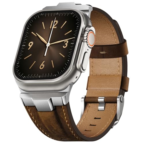 Finoriss Echtes Lederarmband kompatibel mit Apple Watch Ultra 3/2/1 Armband 49mm 46mm 45mm 44mm 42mm Robustes Band mit Metallanschluss für Damen und Herren iWatch SE 3 Series 11 10 9 8 7 6 5 4 3 2 1